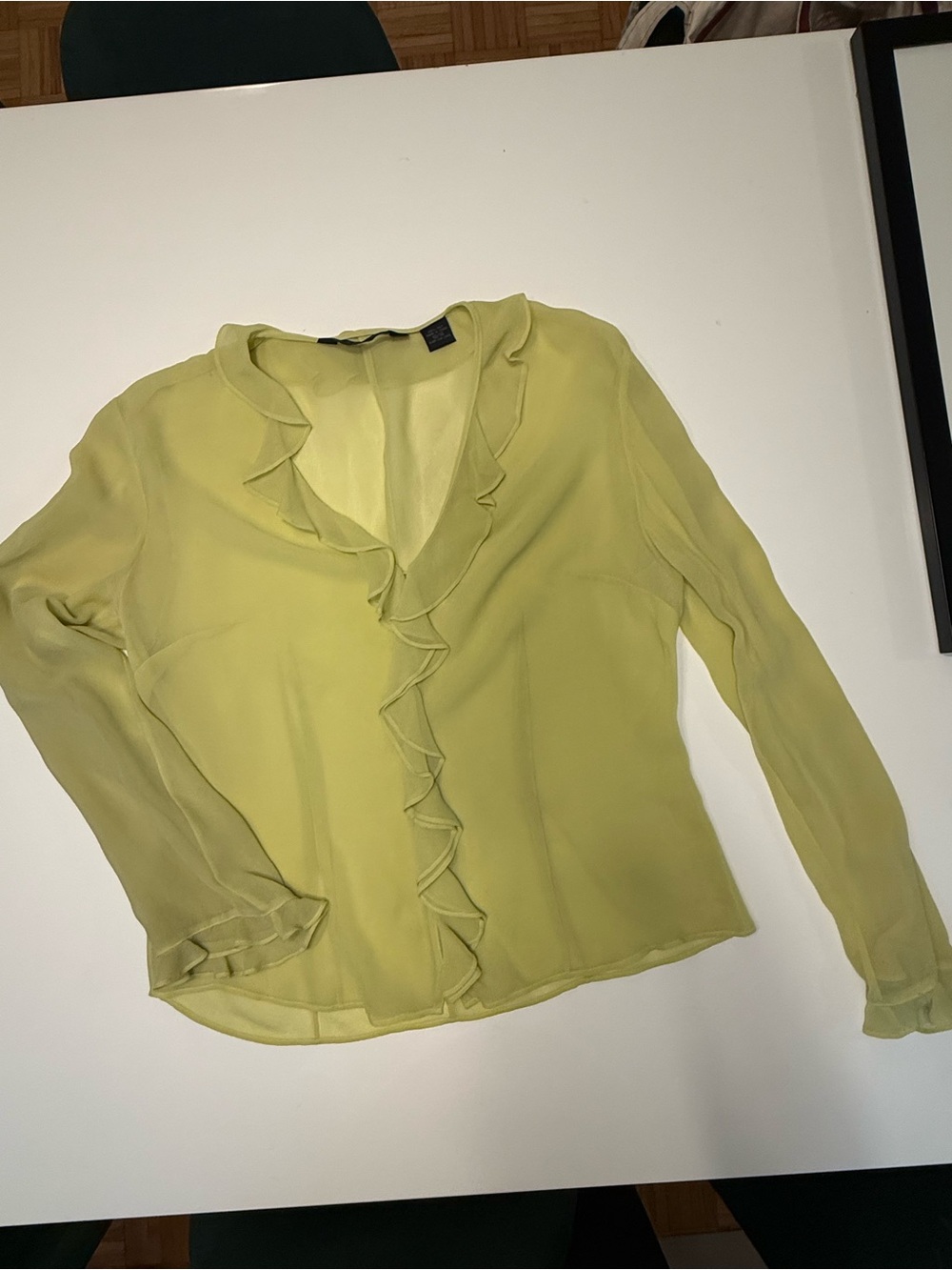 Vintage Y2K Express 100% Silk Sheer Chartreuse Ruffle Blouse